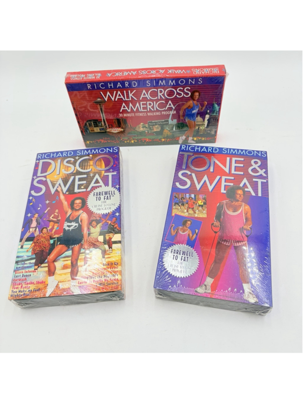 RICHARD SIMMONS Disco Sweat Tone & Sweat Walk Across America SEALED VHS Lot